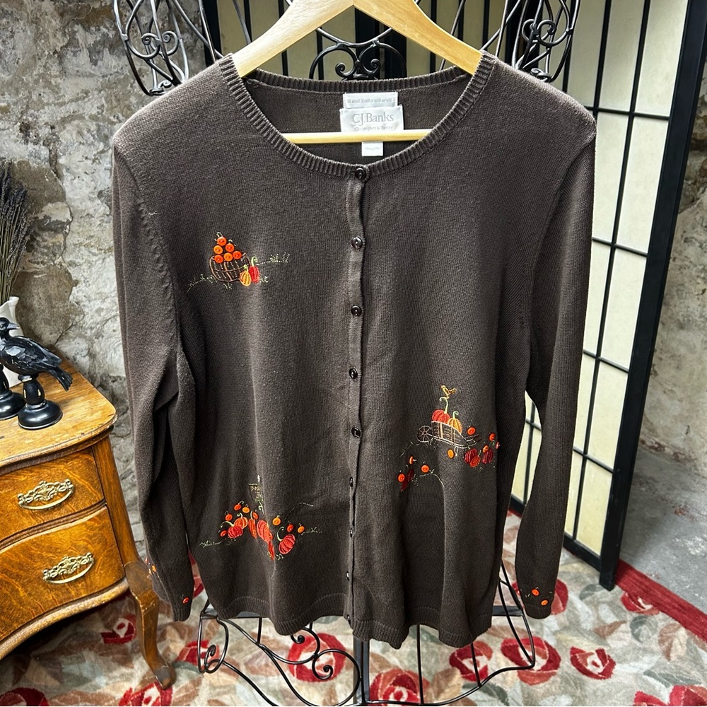 VNT C. J. Banks Autumn (Pumpkins, Leaves) Themed Brown Cardigan Sweater: 1X